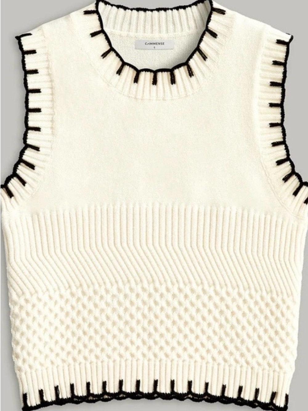 Commense Cream Knit Sleeveless V‑Neck Vest with Black Trim